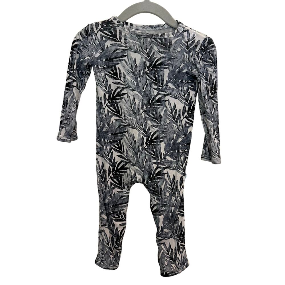 Posh Peanut Bamboo Leaf Print Long Sleeve Romper Gray Black 3-6M Baby Unisex - Picture 2 of 12